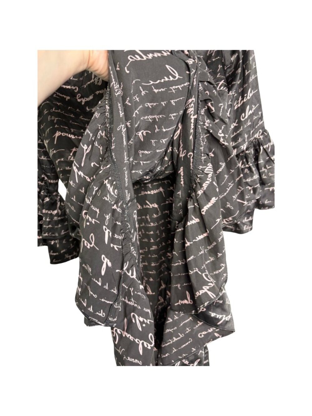 Cinq à Sept Love Note Script Print Ruffle Mock Neck Mini Dress Black Pink - Picture 7 of 11